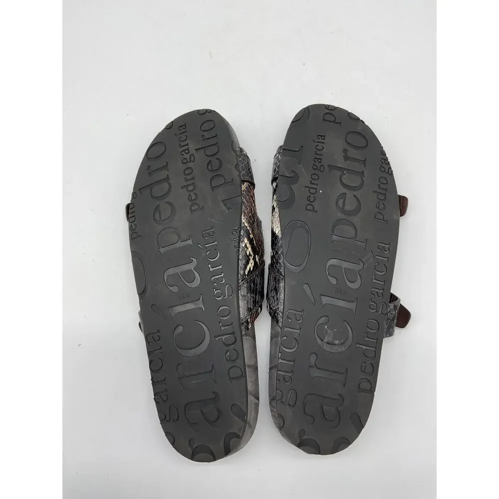 Pedro Garcia 'Arielle' Brown Leather Buckle Snake & Croc Embossed Buckle Slide - Picture 5 of 5
